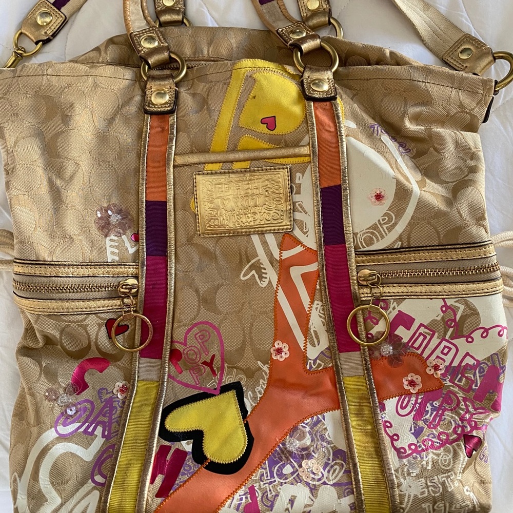 VINTAGE COACH POPPY 2010 TOTE 2/WAY BEIGE CANVAS - Picture 5 of 13